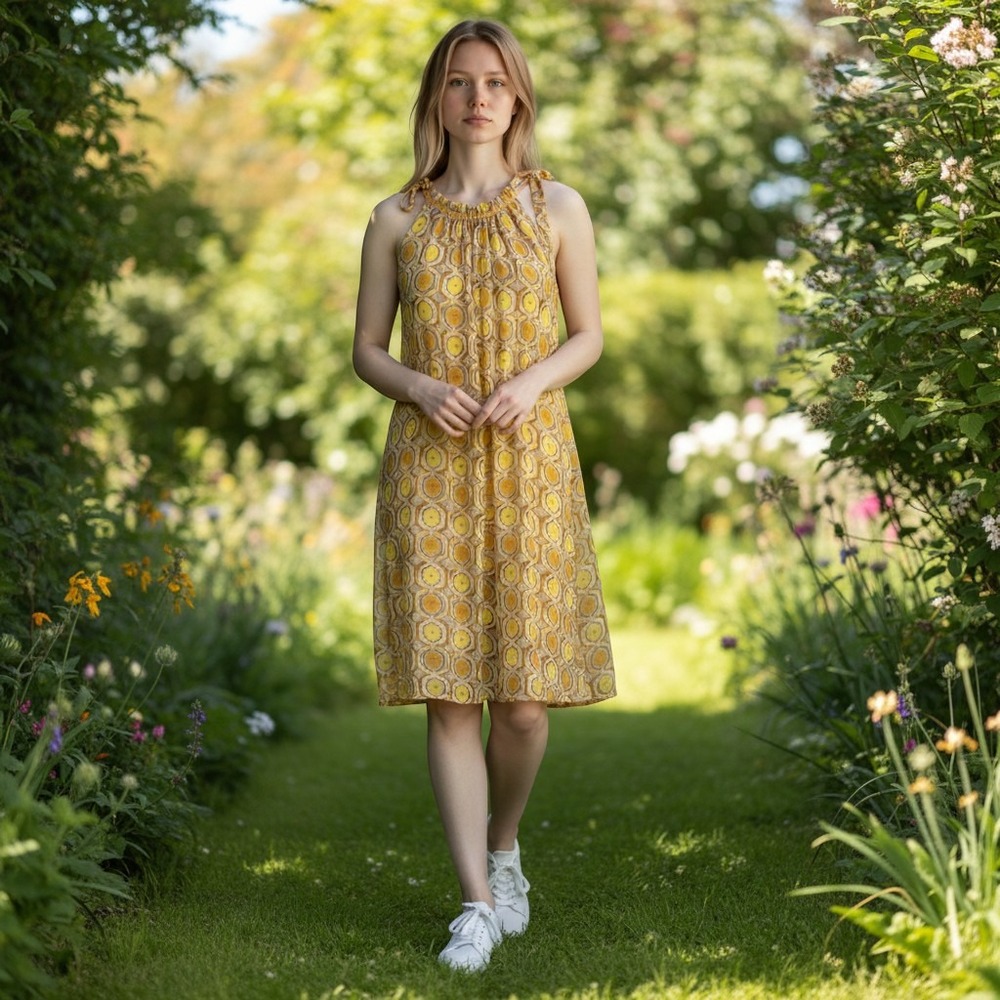 Promod Women's Large Yellow Geometric Honeycomb Print Maxi Dress Boho Retro 70s